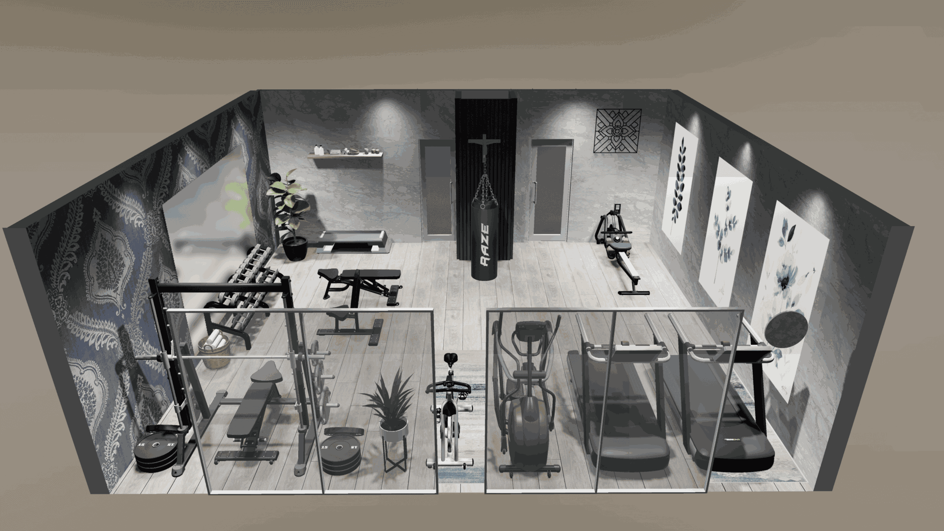3D gym design render showcasing a functional training area with a boxing bag, cardio machines, benches, weight plates, and dumbbells.