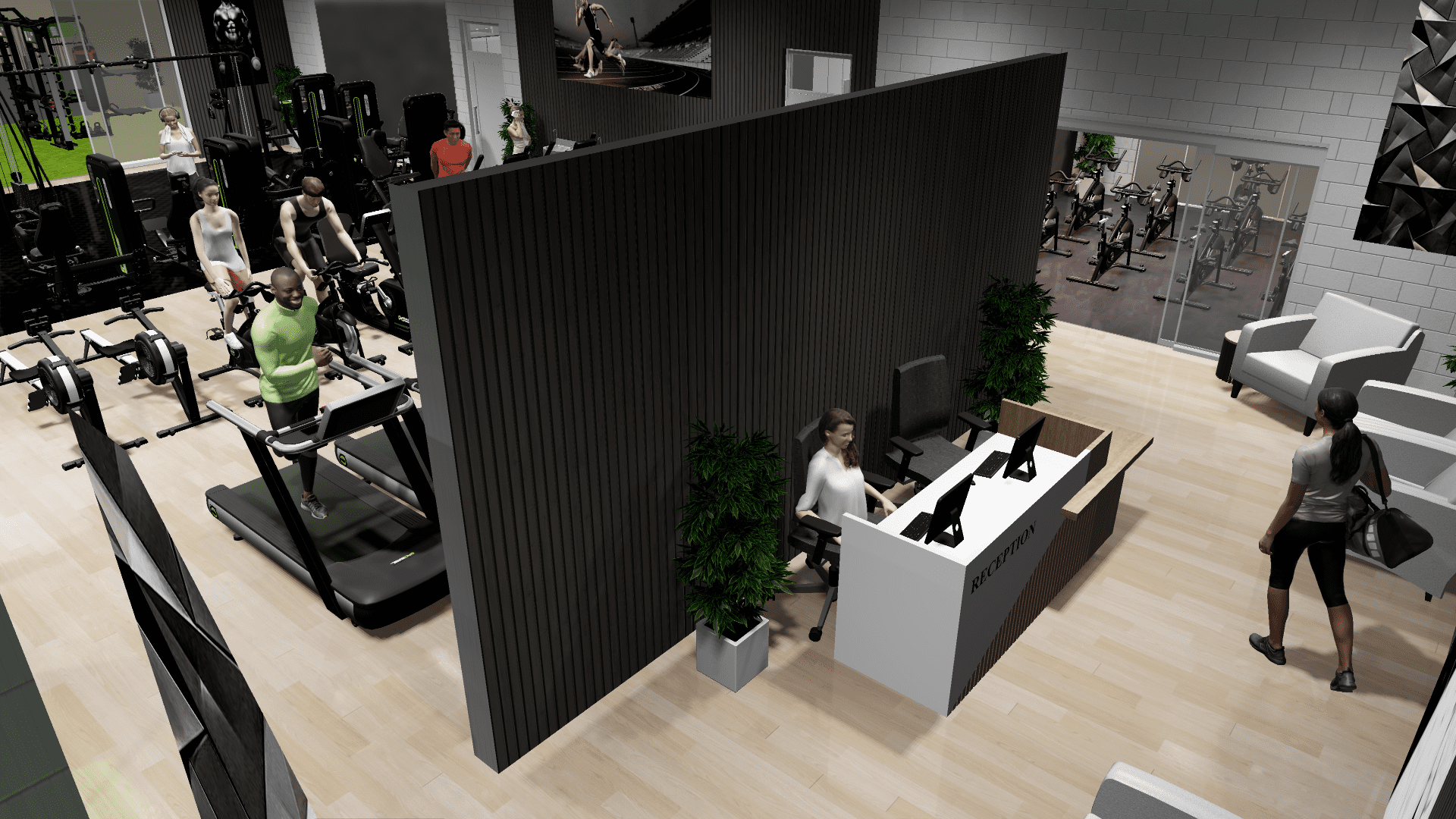 Tilted top-down 3D gym render showing reception area, spin bike on right, and cardio and weights area with decorative prefab wall.