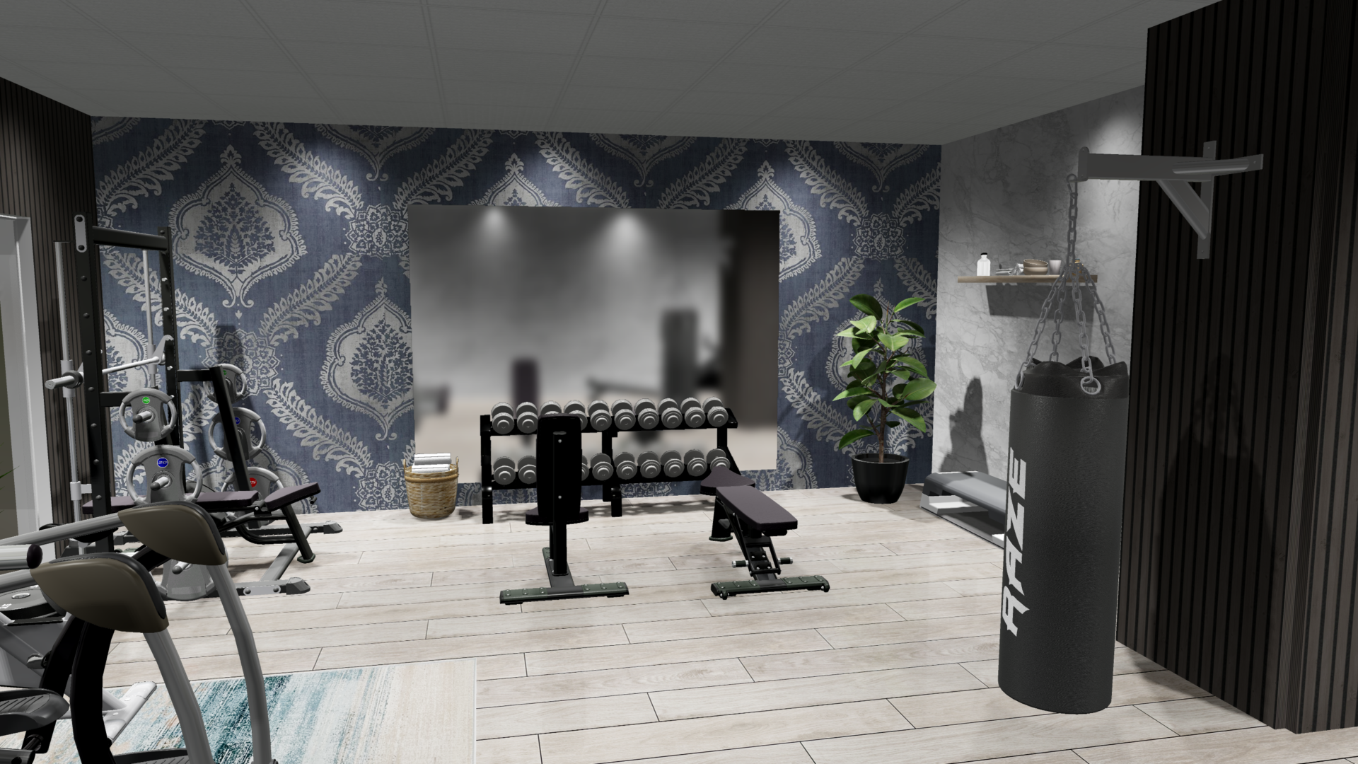 3D gym design render showcasing functional training zone with weights and a boxing bag.