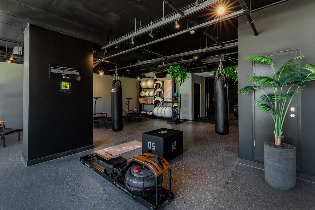 The One Gym Stellenbosch completed installation showcasing a rowing machine, plyometric box, boxing bags, and an Infinity Series storage rack with exercise balls, yoga mats, Bulgarian bags, and kettlebells