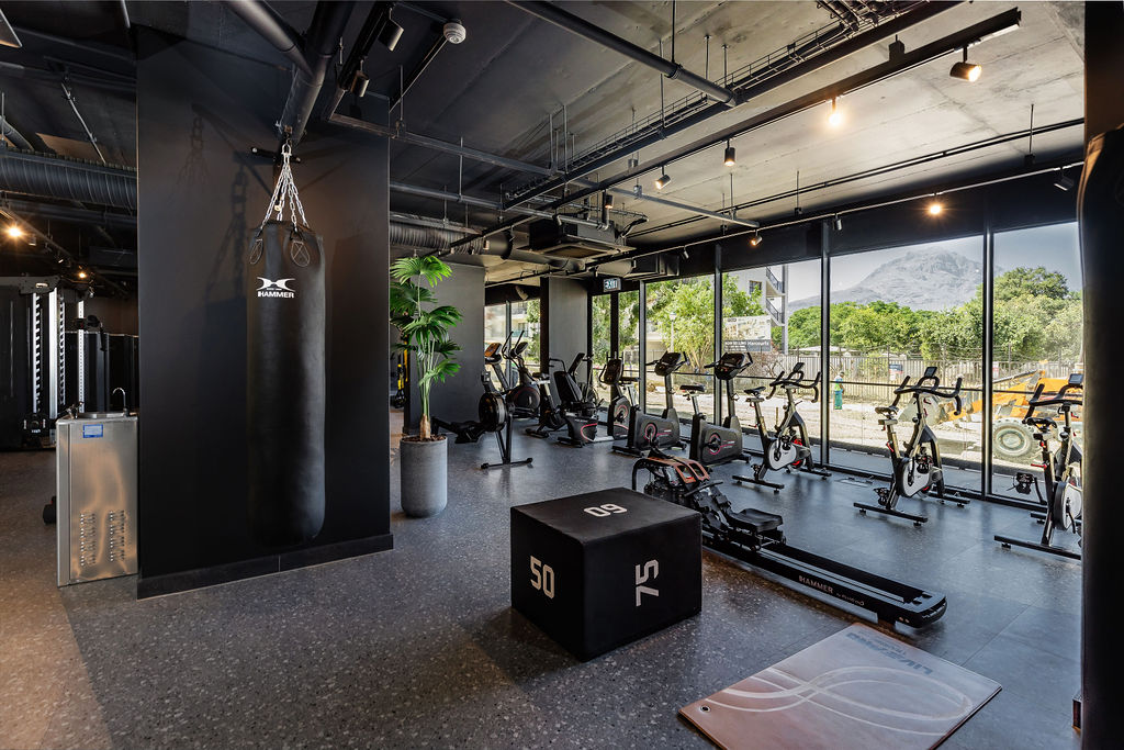 The One Gym Stellenbosch completed installation featuring a plyometric box, rowing machines, boxing bag, spin bikes, recumbent bikes, and an elliptical.